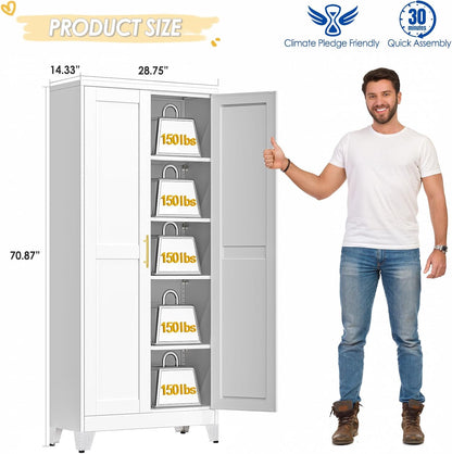71" Tall Metal Storage Cabinet with 2 Doors and 4 Adjustable Shelves, Kitchen Pantry Cabinet White