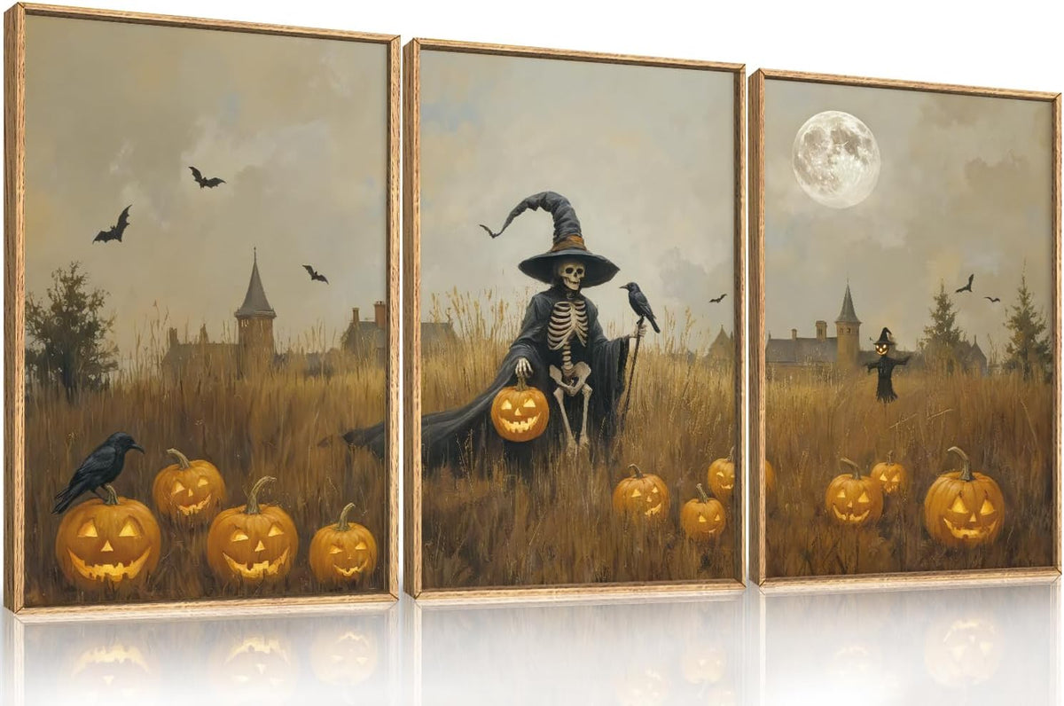 Celestdeco Halloween Ghost Reaper Framed Wall Art Set, Scary Witchy and Pumpkin Wall Decor, Horror