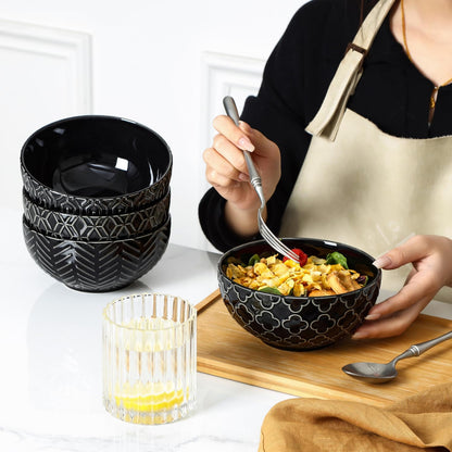 Sureasy Ceramic Cereal Bowls Set of 4, 5.9 Inch Deep Soup Bowls for Kitchen, 25 oz Embossed