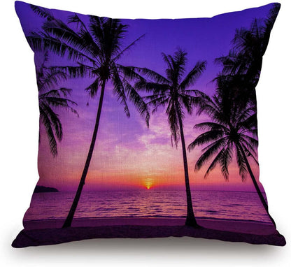 TSSOHU Sunset Beach Pillow Cover 18x18 Inch Tropical Palm Tree Landscape Cotton Linen Cushion Cover