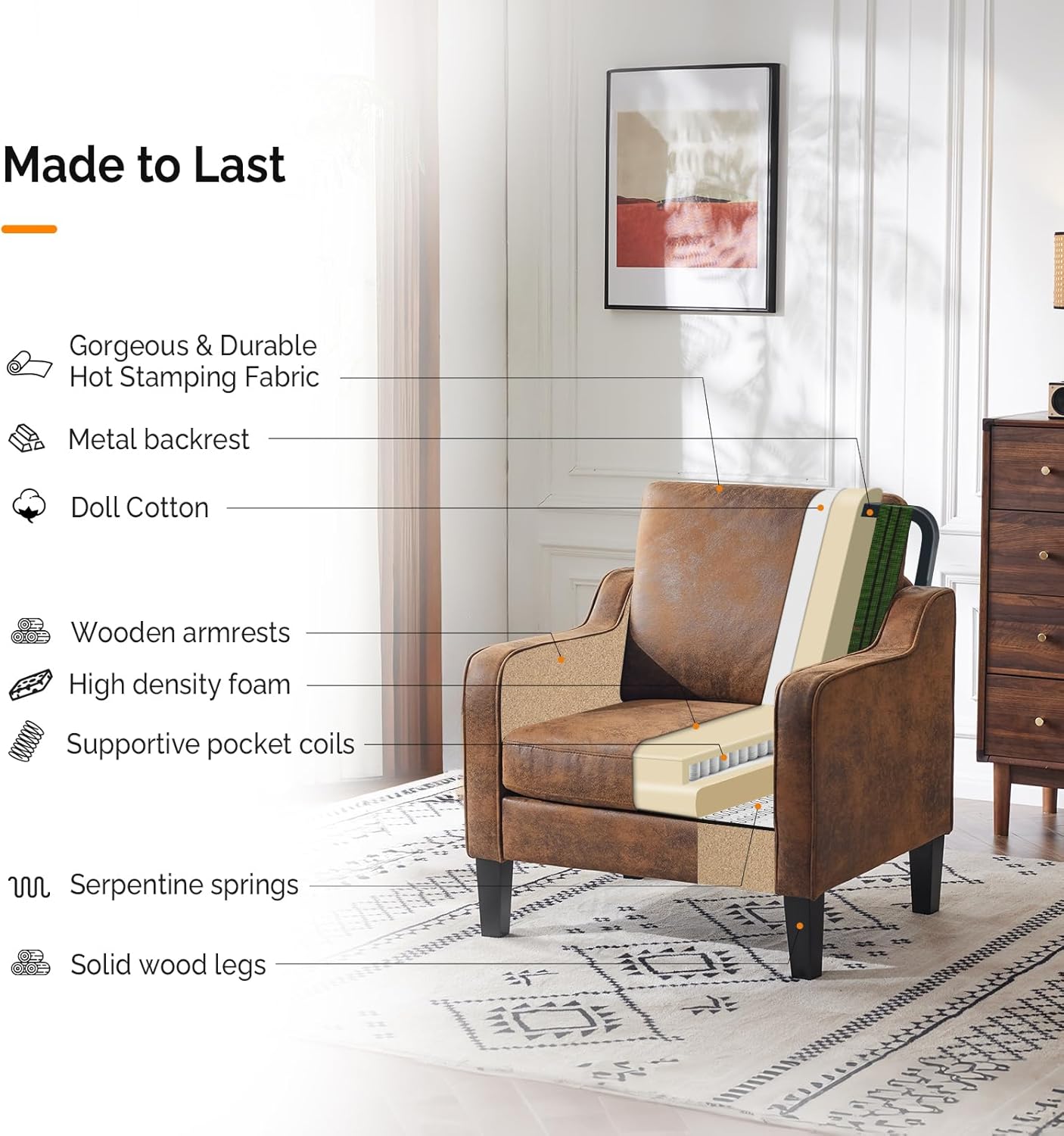 VINGLI Accent Chair for Living Room Chairs Rustic Reading Chair for Bedroom Scooped Arm Chair Mid
