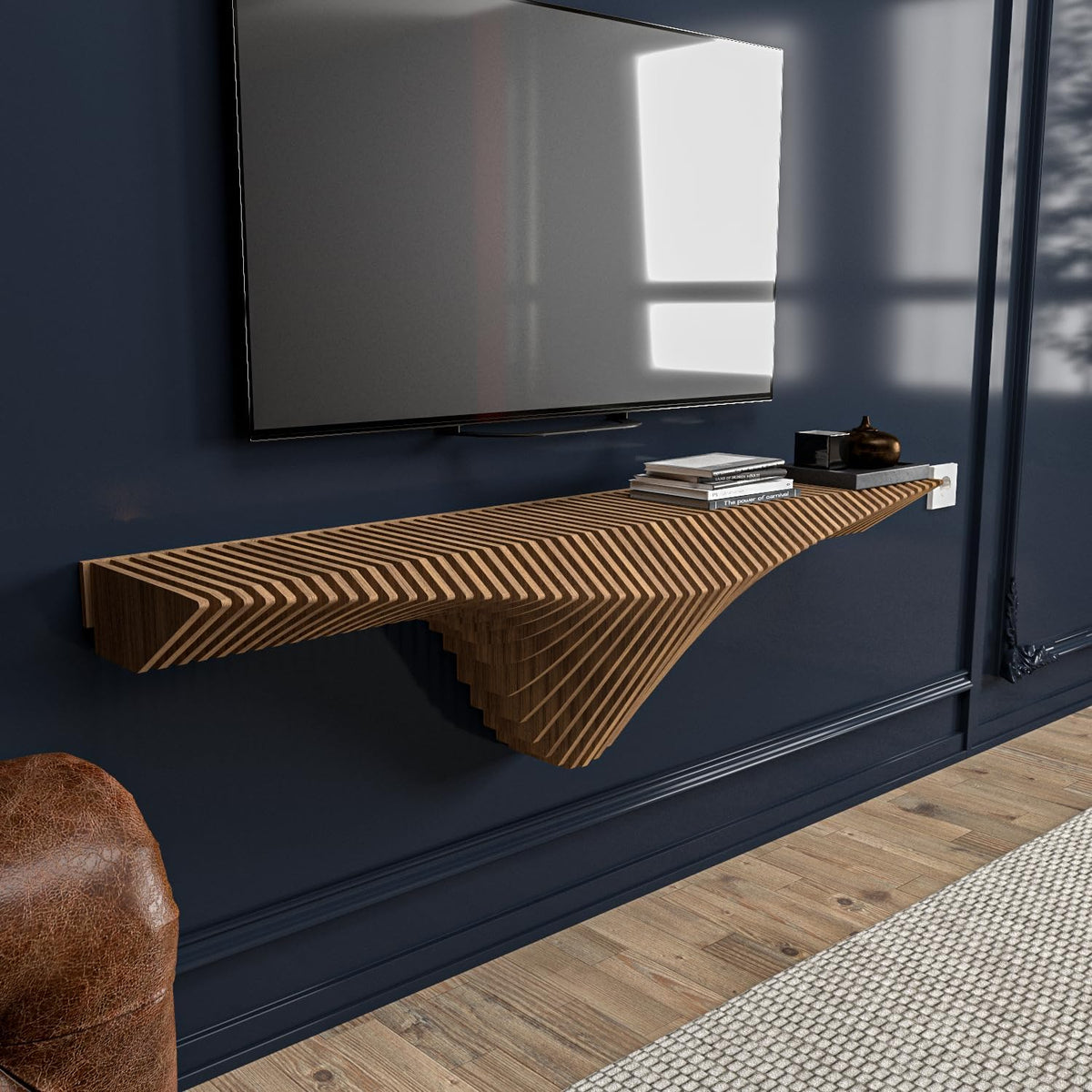 Parametric 50 inch Floating Shelf TV Unit Modern Geometric Wooden Wall Piece Decor Natural Oak