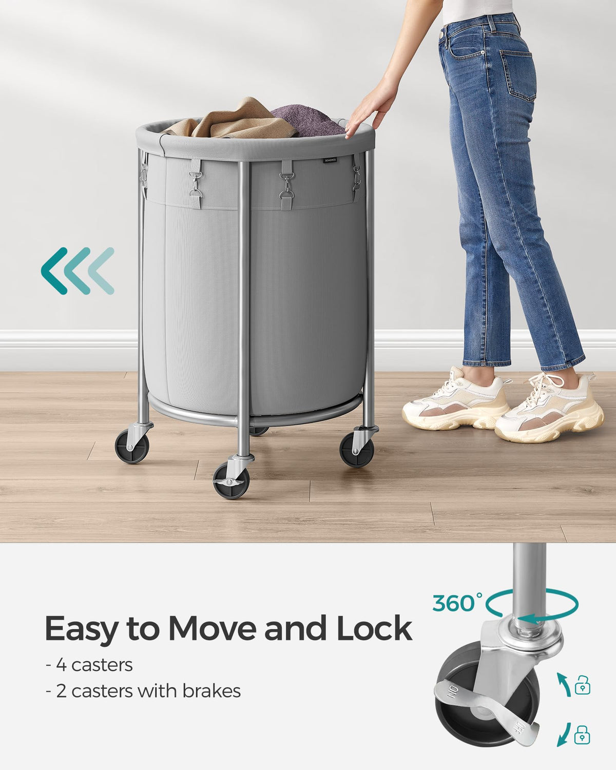 SONGMICS Laundry Basket, Rolling Steel Frame with 2 Locking Wheels, 110 L