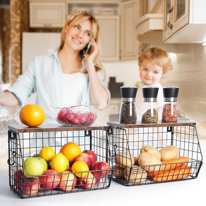 Fruit Bowl, Stackable Wall Mounted Fruit Basket of Smooth Wood Lid with 4 Banana Hanger Hooks