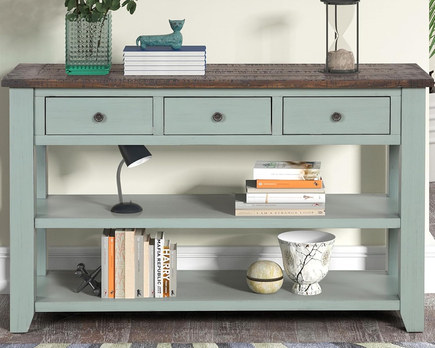 Solid Wood Console Table Sofa Table with Storage Drawers and Bottom Shelf Entryway Table for Entry