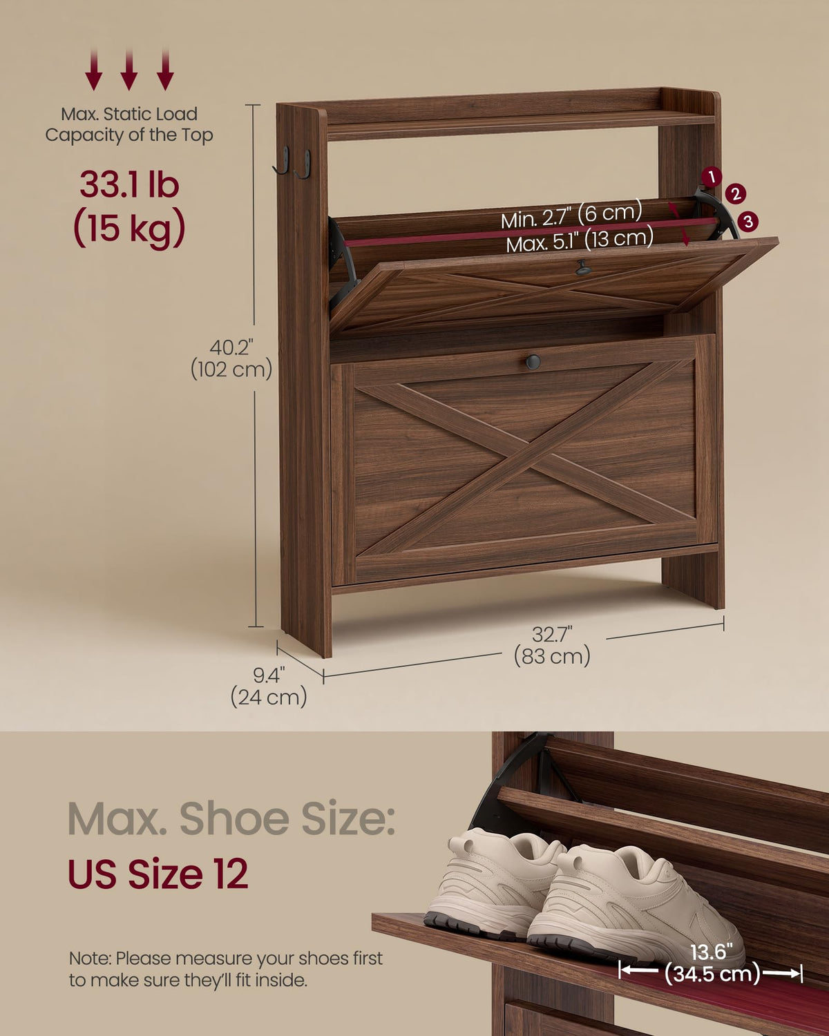 VASAGLE Shoe Storage Cabinet Organizer with 2 Flip Drawers, Freestanding Narrow Shoe Rack Cabinet
