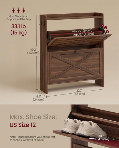 VASAGLE Shoe Storage Cabinet Organizer with 2 Flip Drawers, Freestanding Narrow Shoe Rack Cabinet