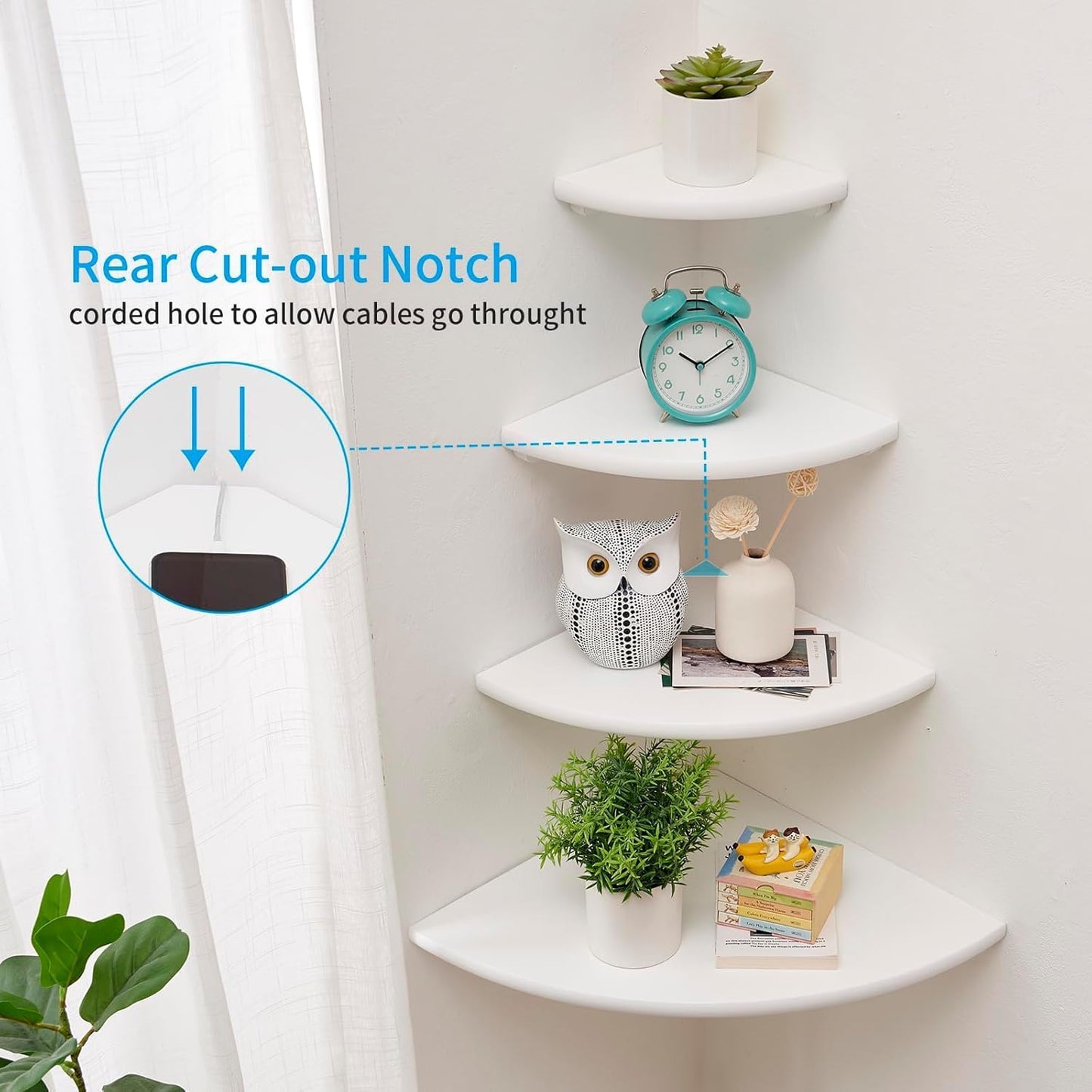 Corner Shelf, Solid Oak Wood Floating Corner Shelf Wall Mount Round End Floating Speaker with Wire