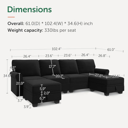 HONBAY Sectional Sofa with Storage Seat Velvet U Shaped Couch with Reversible Chaise Convertible