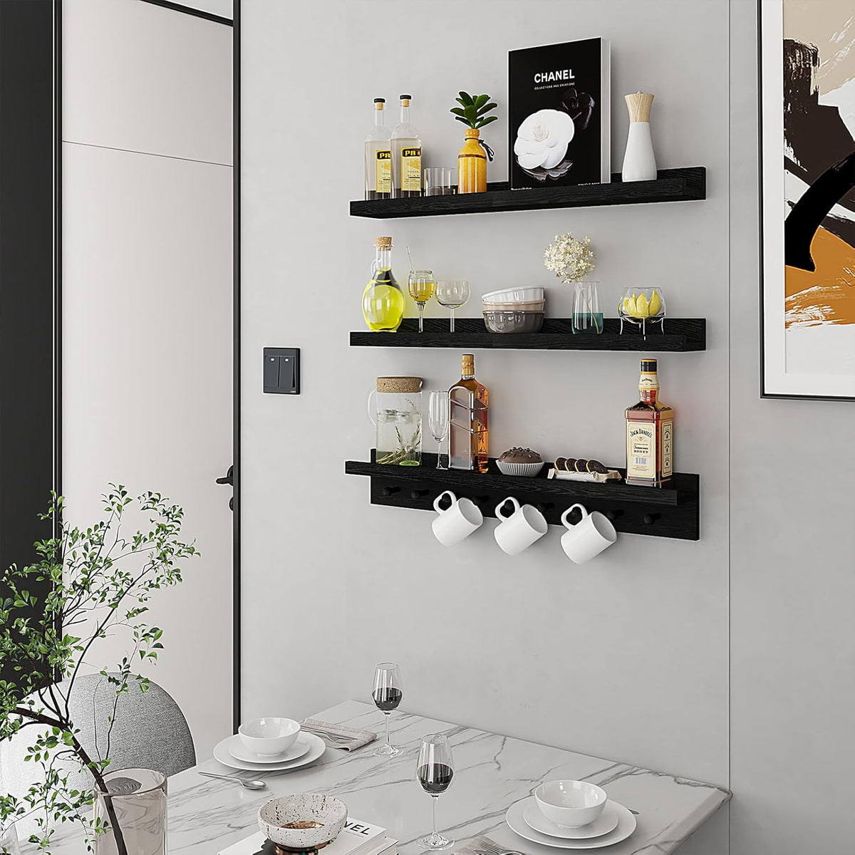 MBYD Black Picture Ledge Shelf with Hooks, 24 Inch Floating Book Shelves Kids Room, Wall Mounted