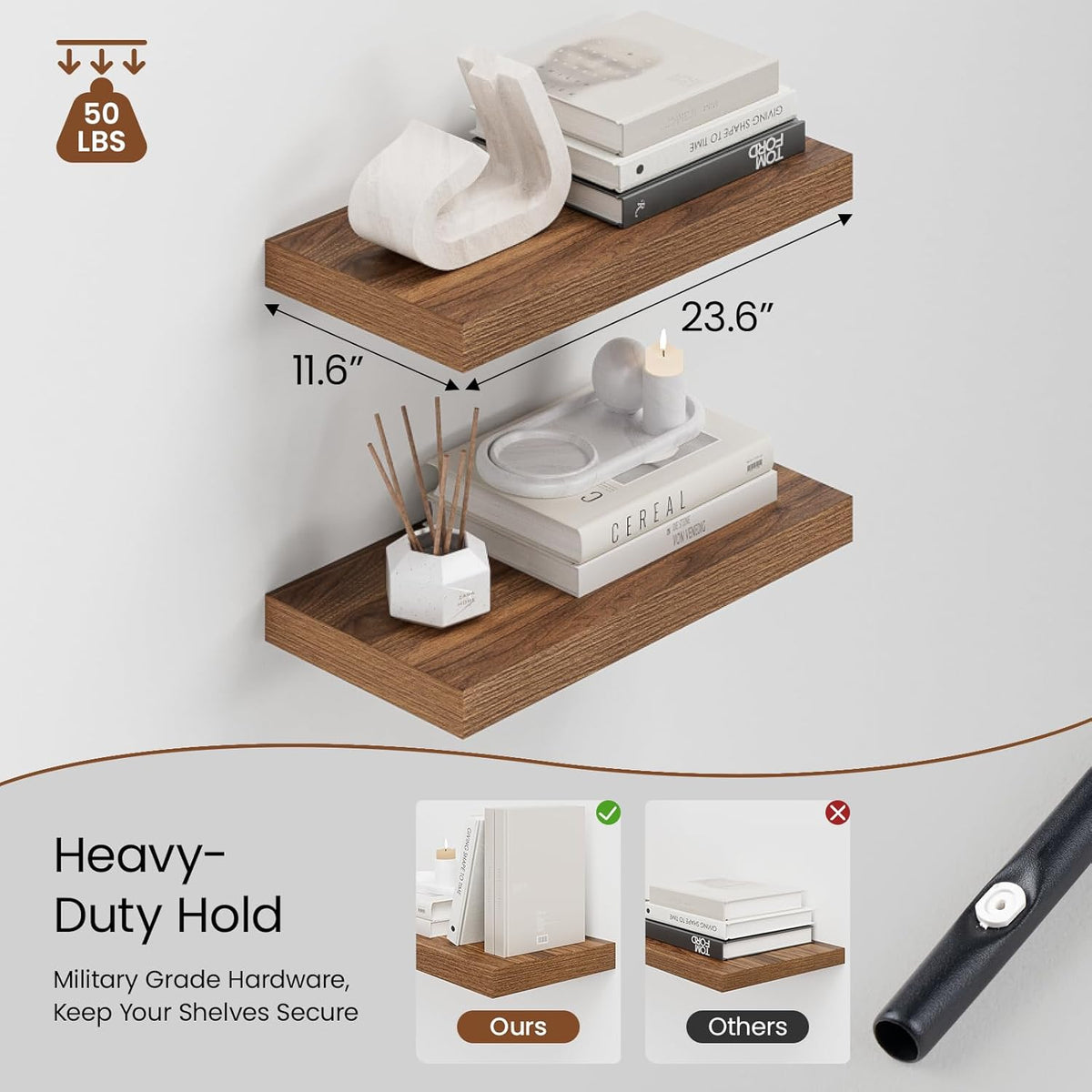 Heimlove 12" Deep Walnut Floating Shelves for Wall, 24 Inch Wall Shelf Bathroom Shelves Set of 2