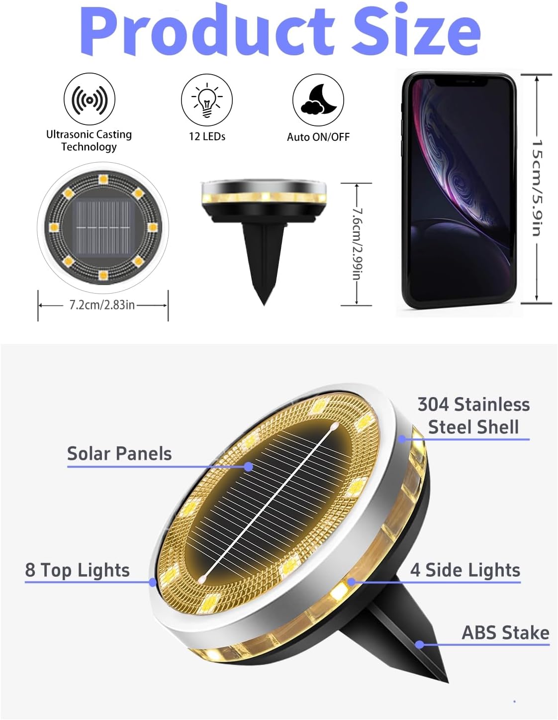 Solar Ground Lights Outdoor 2 Pack Waterproof, Upgraded Solar Garden Lights with 4 Side Light