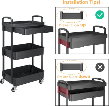 Calmootey 3-Tier Rolling Utility Cart with Drawer,Multifunctional Storage Organizer with Plastic