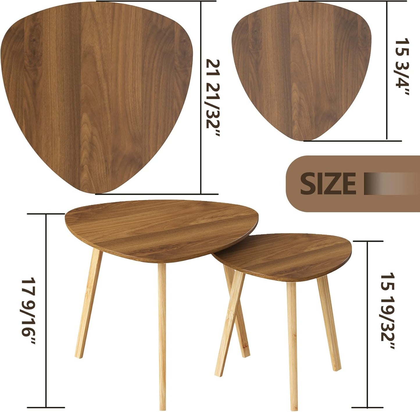 BAMEOS Bamboo Nesting Triangle End Table,Set of 2 Coffee Table Modern Minimalist Side Table for