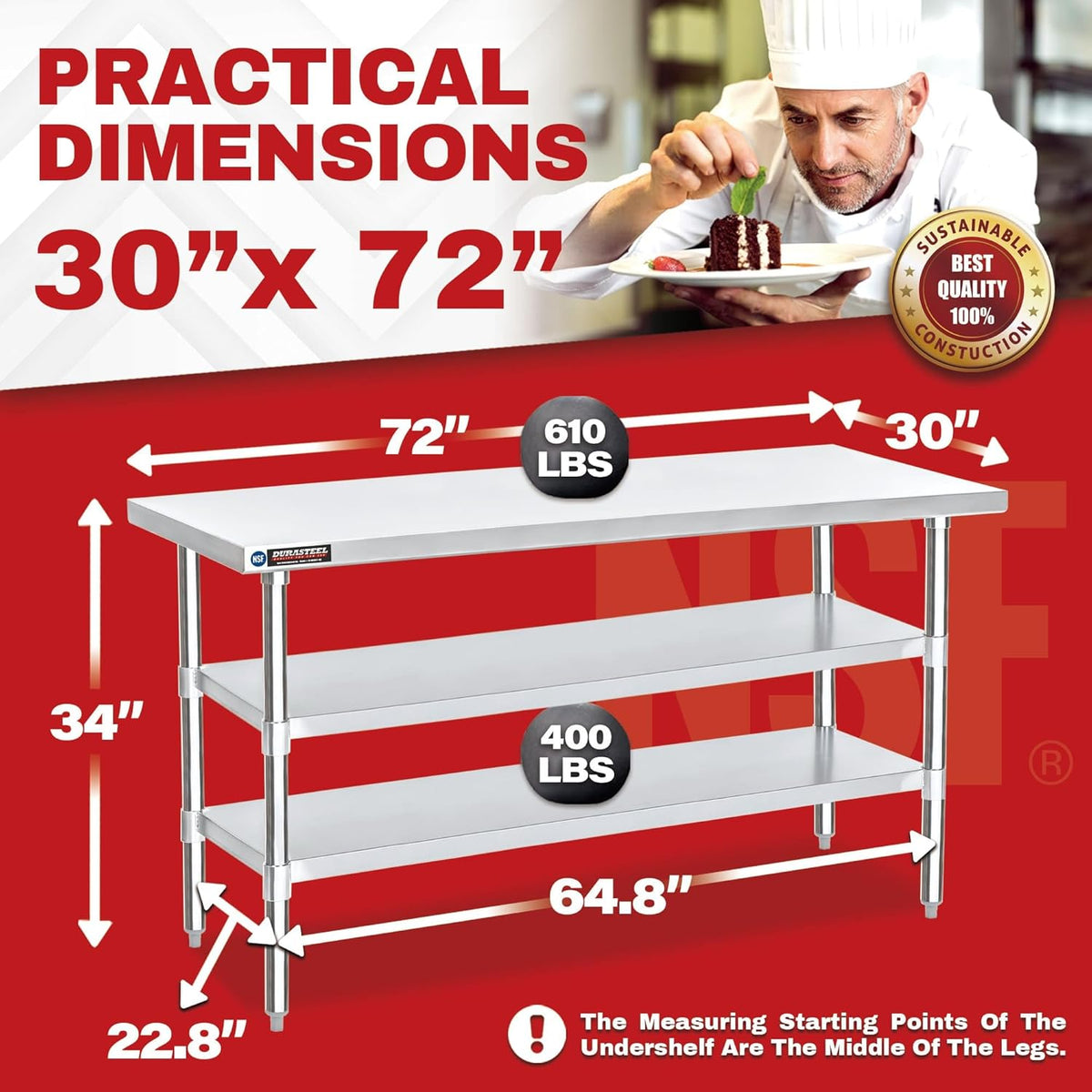 DuraSteel Food Prep Stainless Steel Table - 30 x 72 Inch Commercial Metal Workbench with Adjustable