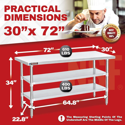 DuraSteel Food Prep Stainless Steel Table - 30 x 72 Inch Commercial Metal Workbench with Adjustable