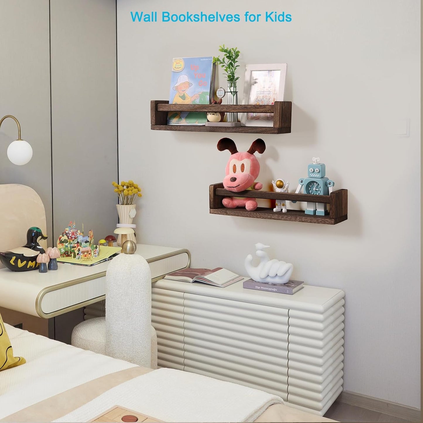 Nursery Book Shelves, Set of 2 Wood Floating Book Shelves for Kids Room, Kitchen Spice Rack, or
