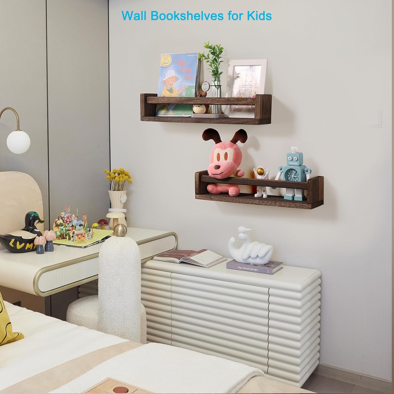 Nursery Book Shelves, Set of 2 Wood Floating Book Shelves for Kids Room, Kitchen Spice Rack, or