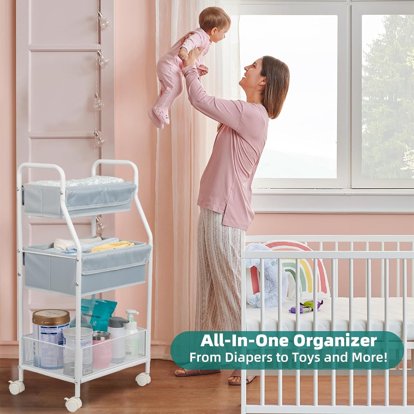 Moteph Rolling Utility Cart with Wheels - Baby Organizers for Nursery Essentials, Diaper Organizer