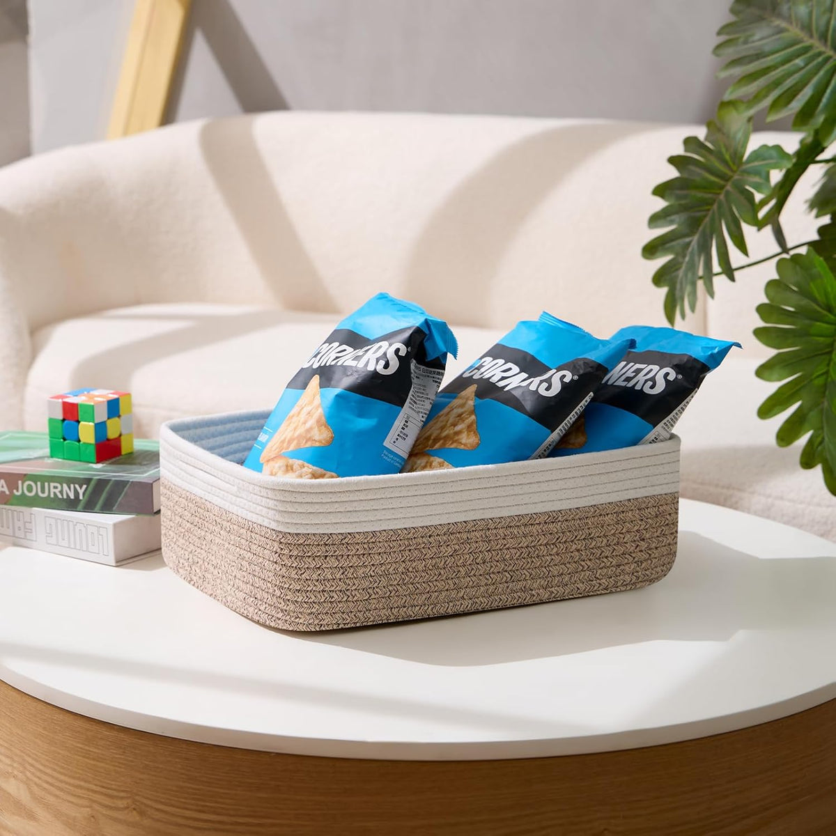 Large Shallow Organizing Baskets 15x11x5.1 Inches - Rope Woven Storage Bins for Bathroom, Shelves