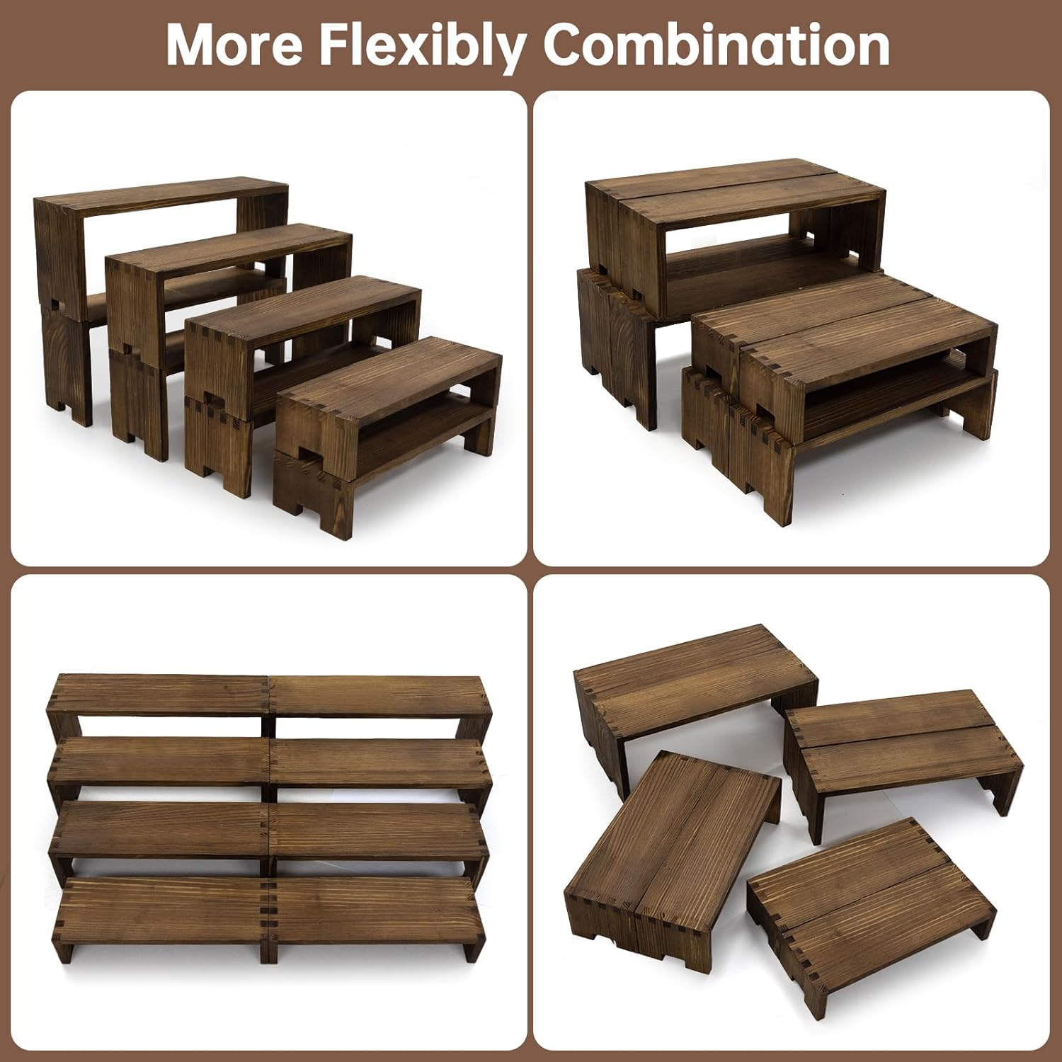 Large Display Wood Risers Wooden Stand 8 Tier Wood Racks Decorative Rectangular, 2 Set 8 Pieces