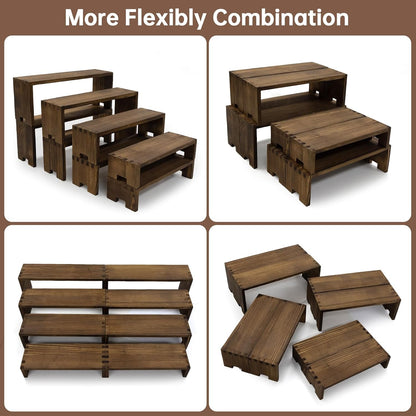 Large Display Wood Risers Wooden Stand 8 Tier Wood Racks Decorative Rectangular, 2 Set 8 Pieces