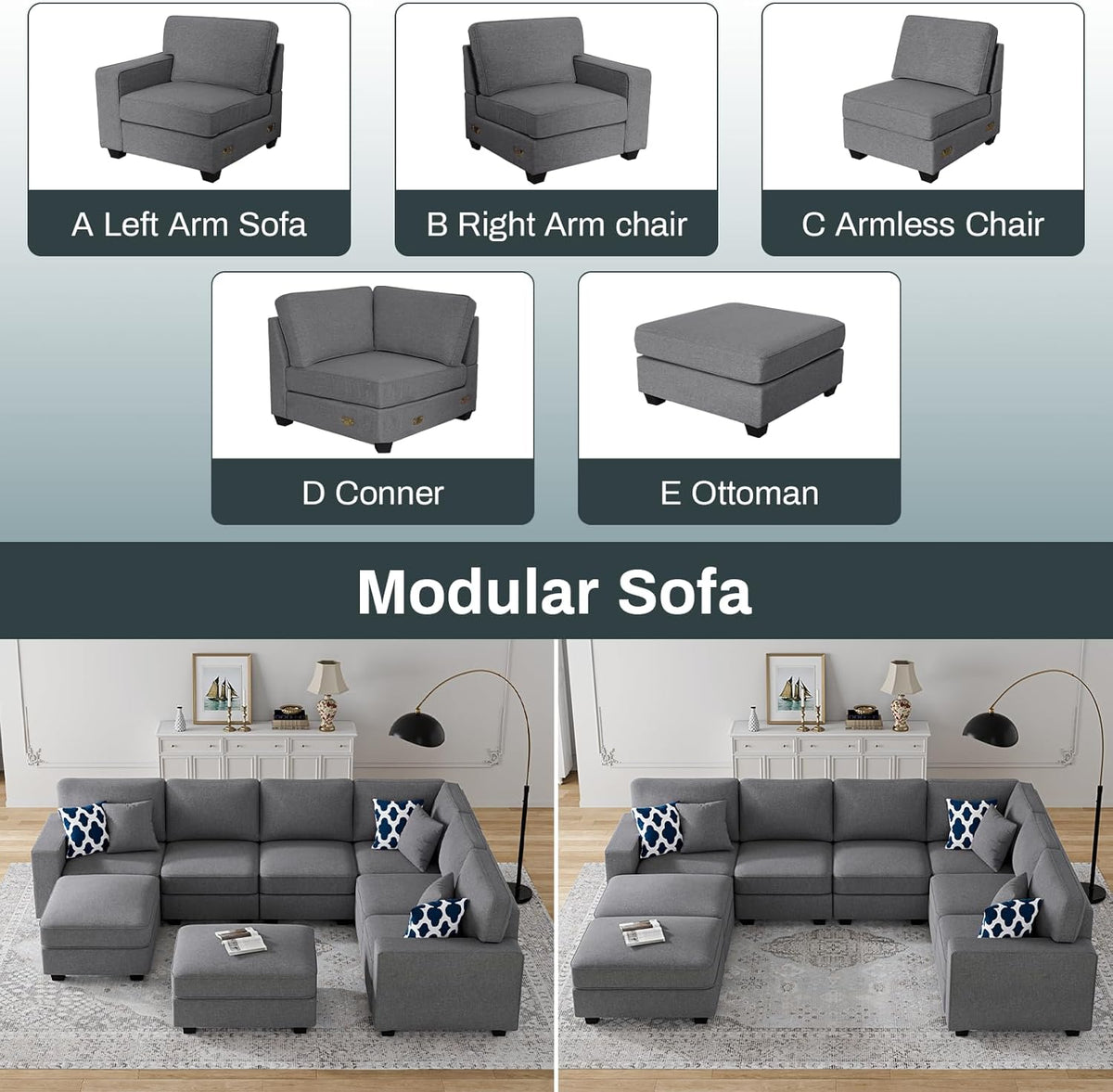 L Lengend Vansen Modular Sectional Sofa U Shaped Couch with Ottoman Modern Reversible Corner