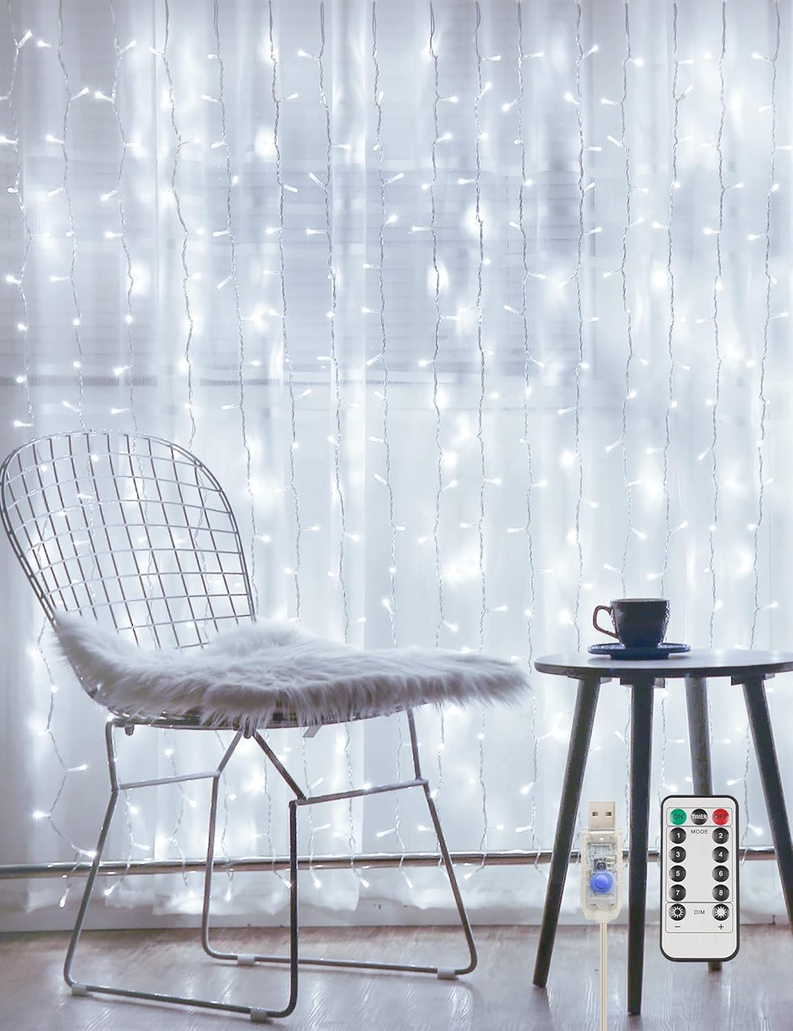 suddus White Curtain Lights for Bedroom Wall, 200 Led Twinkle Lights with Remote 8 Modes Timer, USB