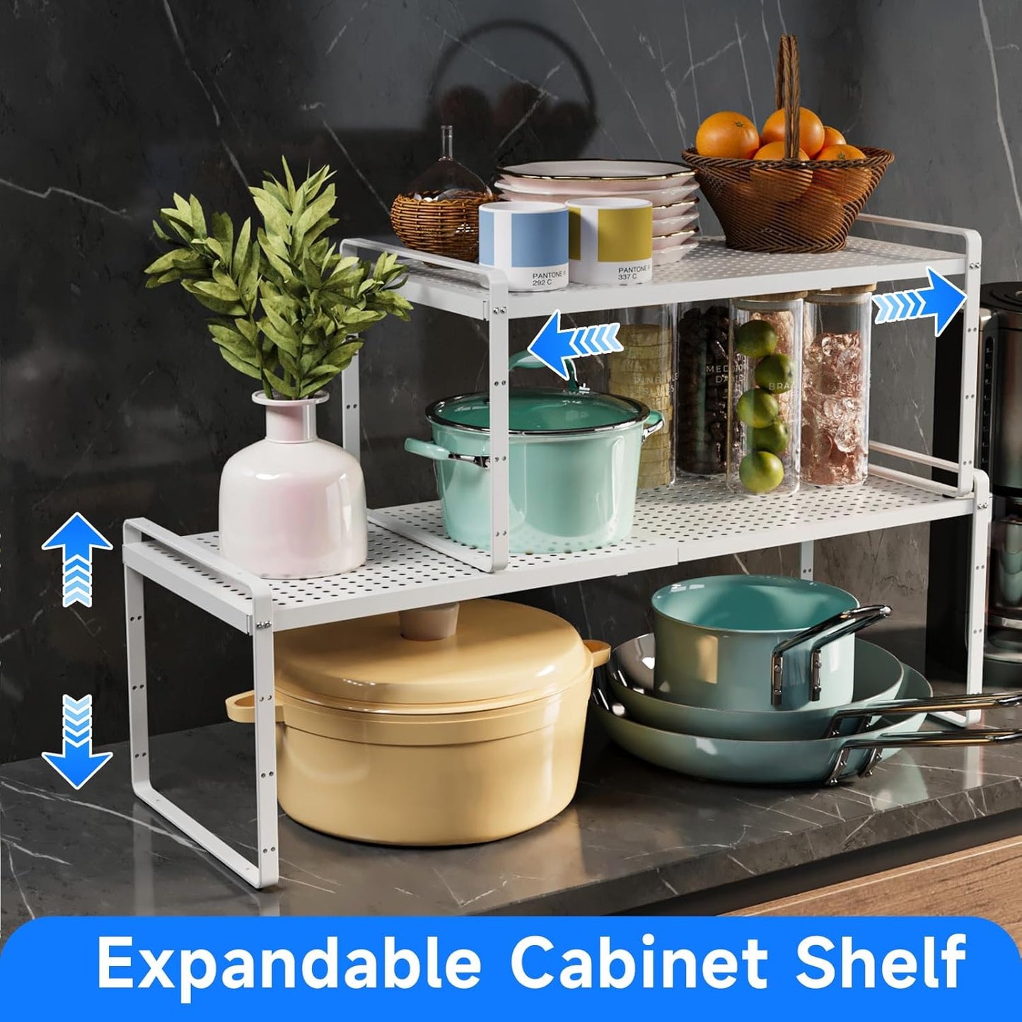 Expandable Cabinet Shelf Organizers, Kitchen Small Stand Rack Organization for Countertop Cupborad