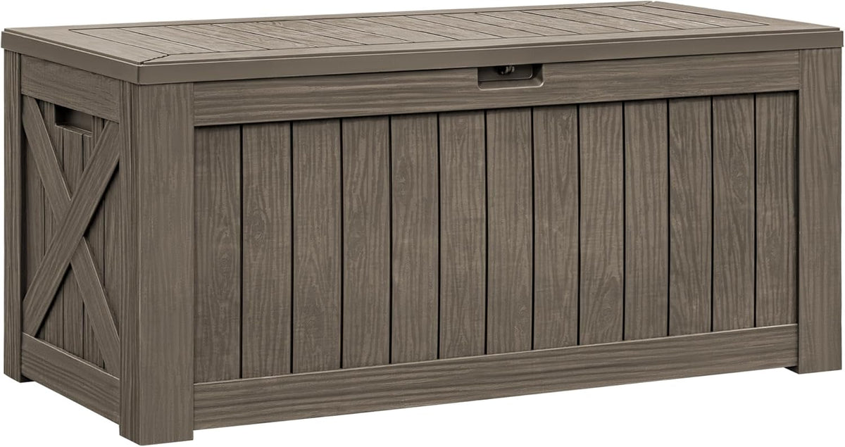 Flamaker Resin Deck Box 120 Gallon Waterproof Large Outdoor Indoor Storage Box Imitation Wood Resin