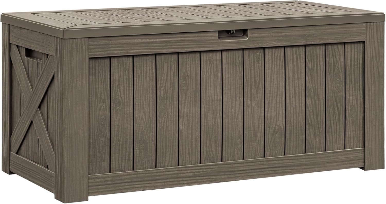 Flamaker Resin Deck Box 120 Gallon Waterproof Large Outdoor Indoor Storage Box Imitation Wood Resin