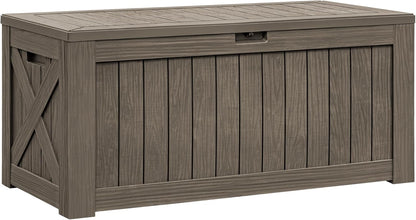 Flamaker Resin Deck Box 120 Gallon Waterproof Large Outdoor Indoor Storage Box Imitation Wood Resin