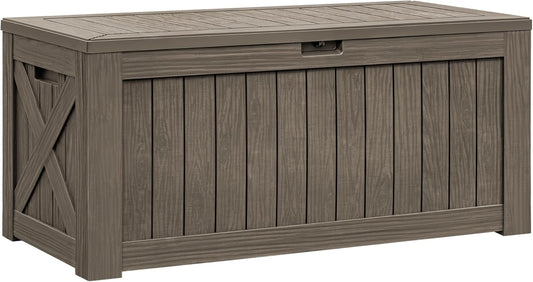 Flamaker Resin Deck Box 120 Gallon Waterproof Large Outdoor Indoor Storage Box Imitation Wood Resin