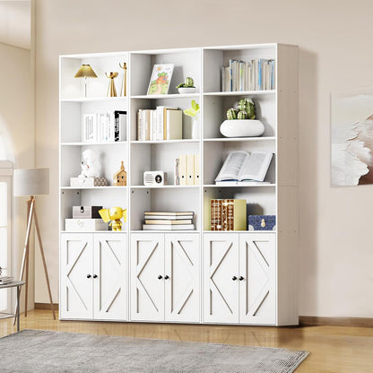 Tall White Bookcase with Doors – Wooden Bookshelf with Storage Cabinet & Shelves for Living Room
