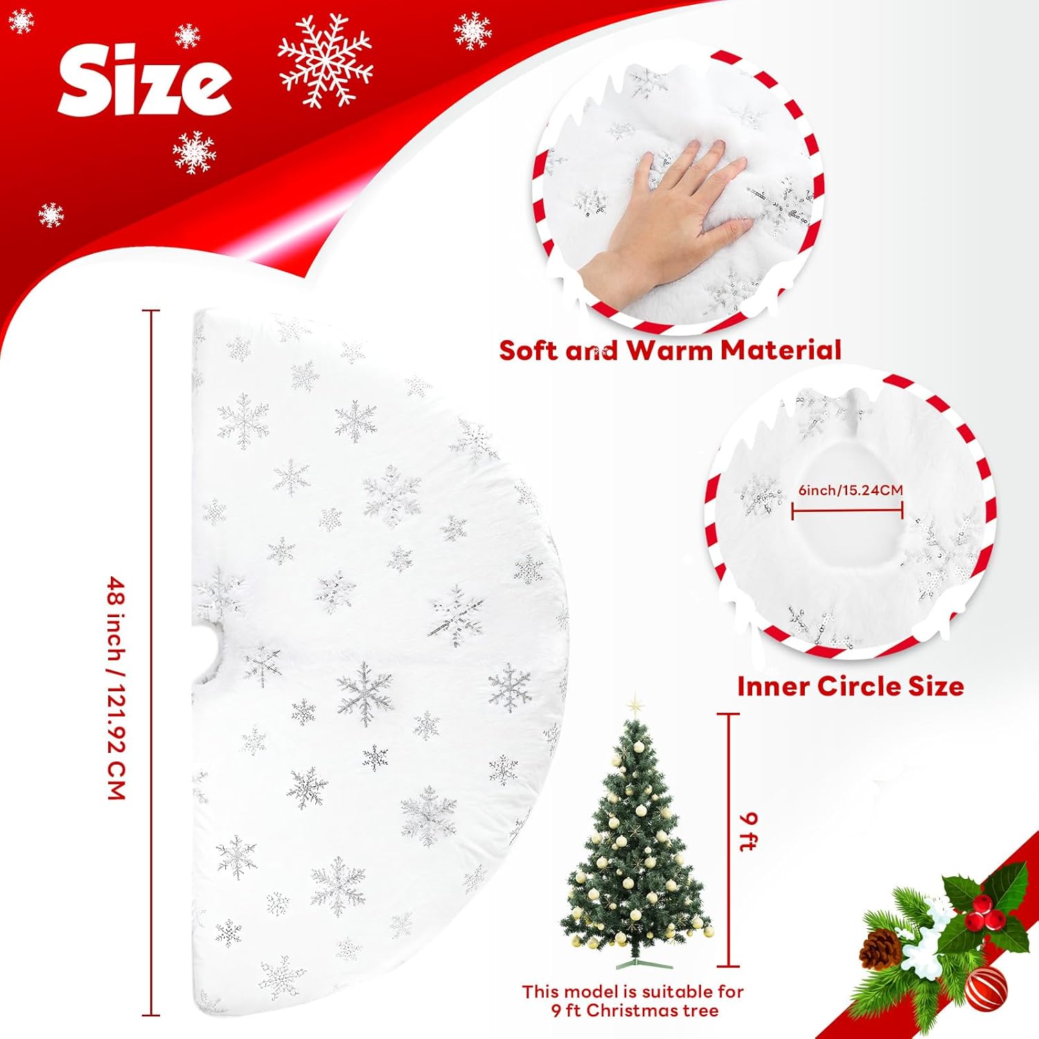 Christmas Tree Skirt 48 Inch, Holiday Part Decorations for Christmas Tree, Whit Plush Sliver Sequin