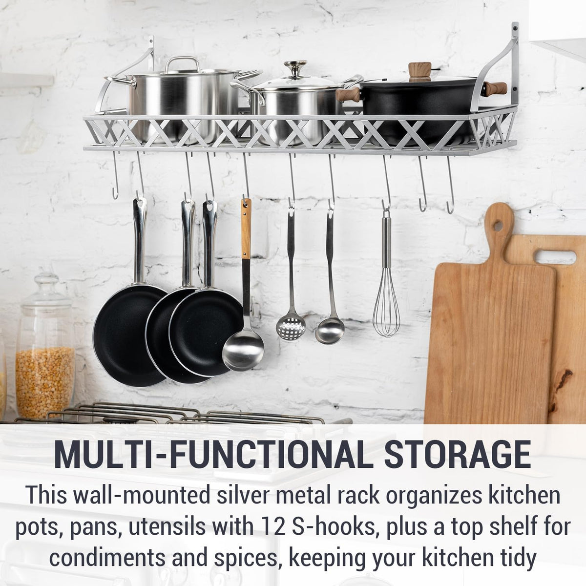 MyGift Wall Mounted Silver-Tone Metal Hanging Kitchen Pots, Pans and Utensils Storage Cookware Rack