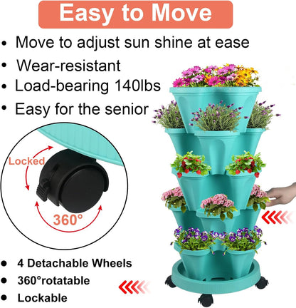 DUNCHATY Stackable Vertical Garden Planter with Wheels, 5 Tier Herb Planter Pots for Growing