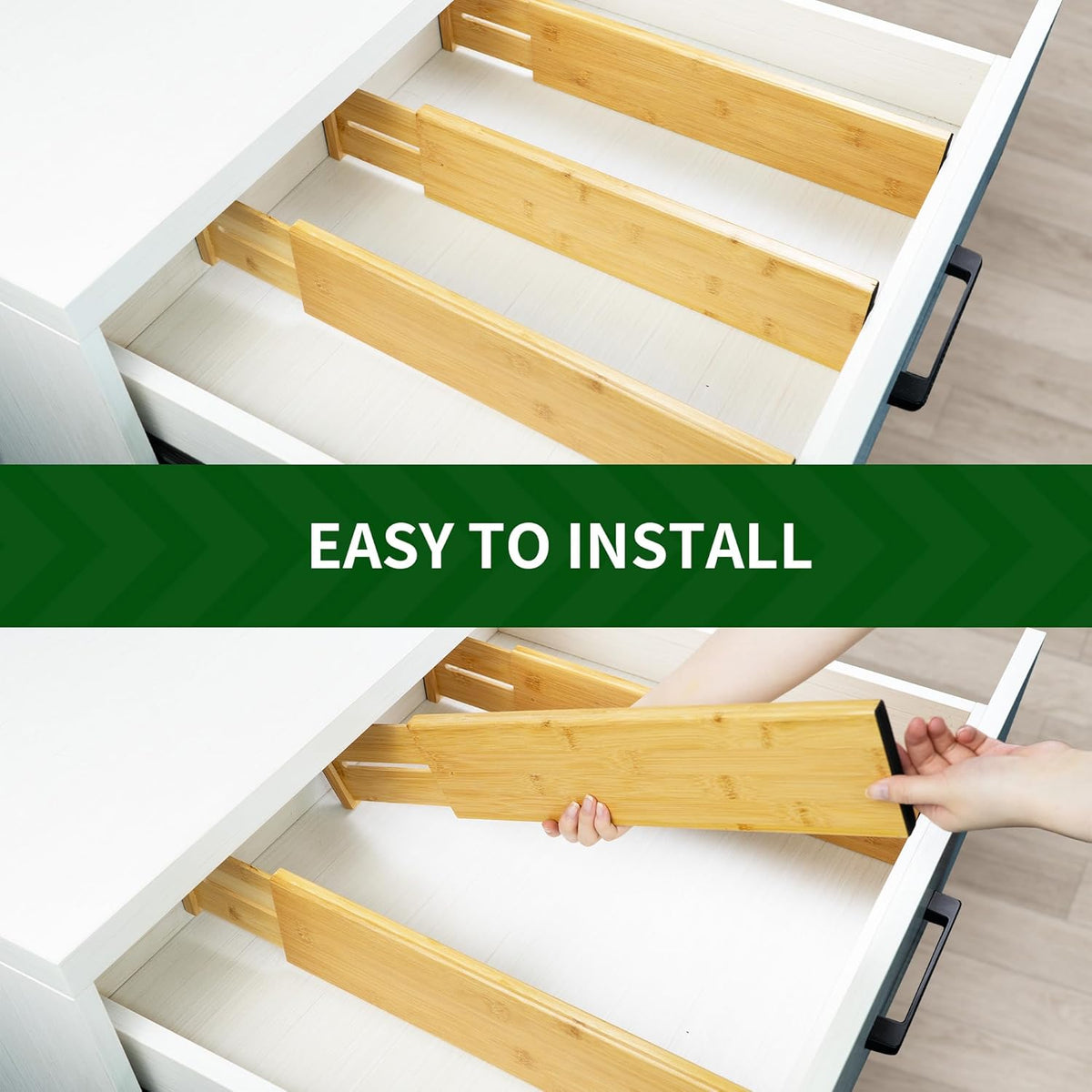 VaeFae 3 Pack Bamboo Drawer Dividers, 4" High Adjustable 11.9-17.1" Clothes Drawer Organizers