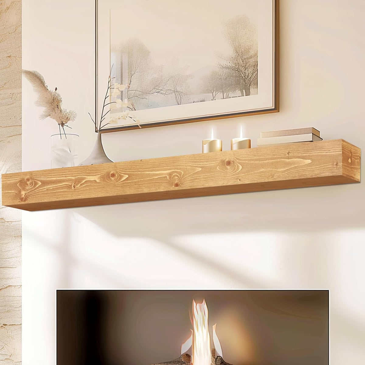 72x8x5 Fireplace Mantel - Handcrafted Rustic Solid Wood Wall Mounted Floating Shelf with Invisible