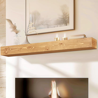 72x8x5 Fireplace Mantel - Handcrafted Rustic Solid Wood Wall Mounted Floating Shelf with Invisible