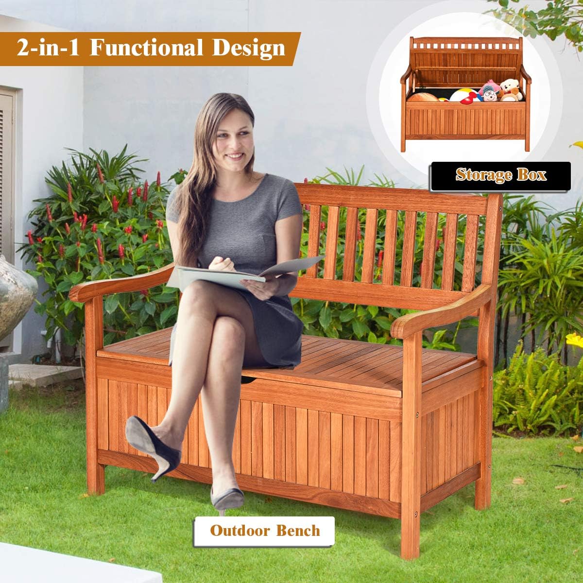 Tangkula Outdoor Wood Storage Bench Deck Box, Entryway Porch Storage Bench with Inner Removable