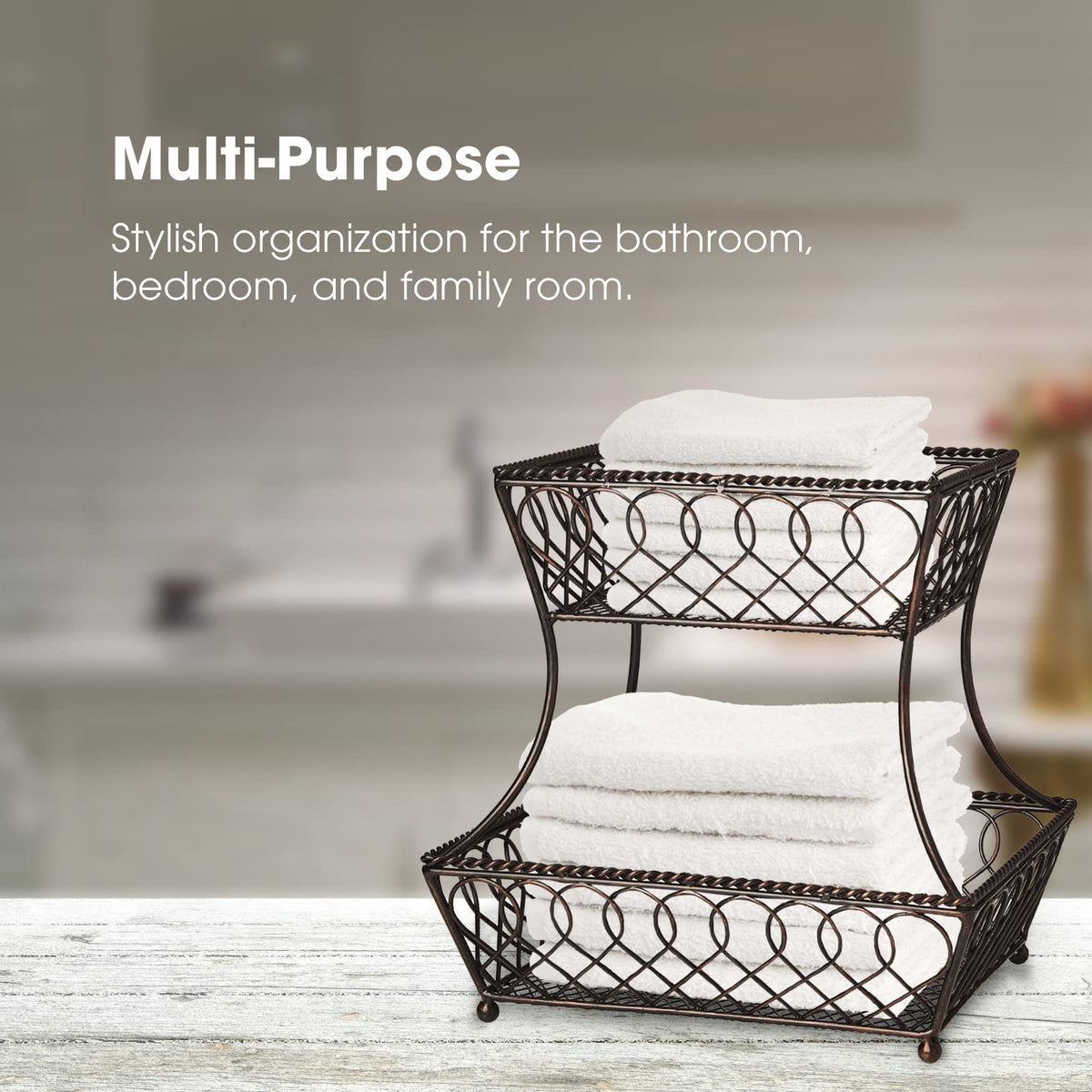 Gourmet Basics by Mikasa Loop and Lattice 2-Tier Rectangular Metal Countertop Basket, 14.25 x 12