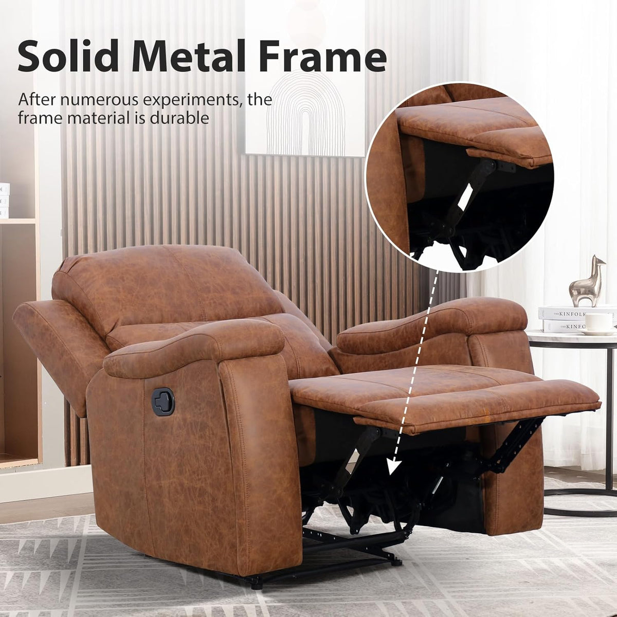 Brown Recliner Chair, Single Overstuffed Sofa Recliners, Breathable Faux Leather Manual Reclining