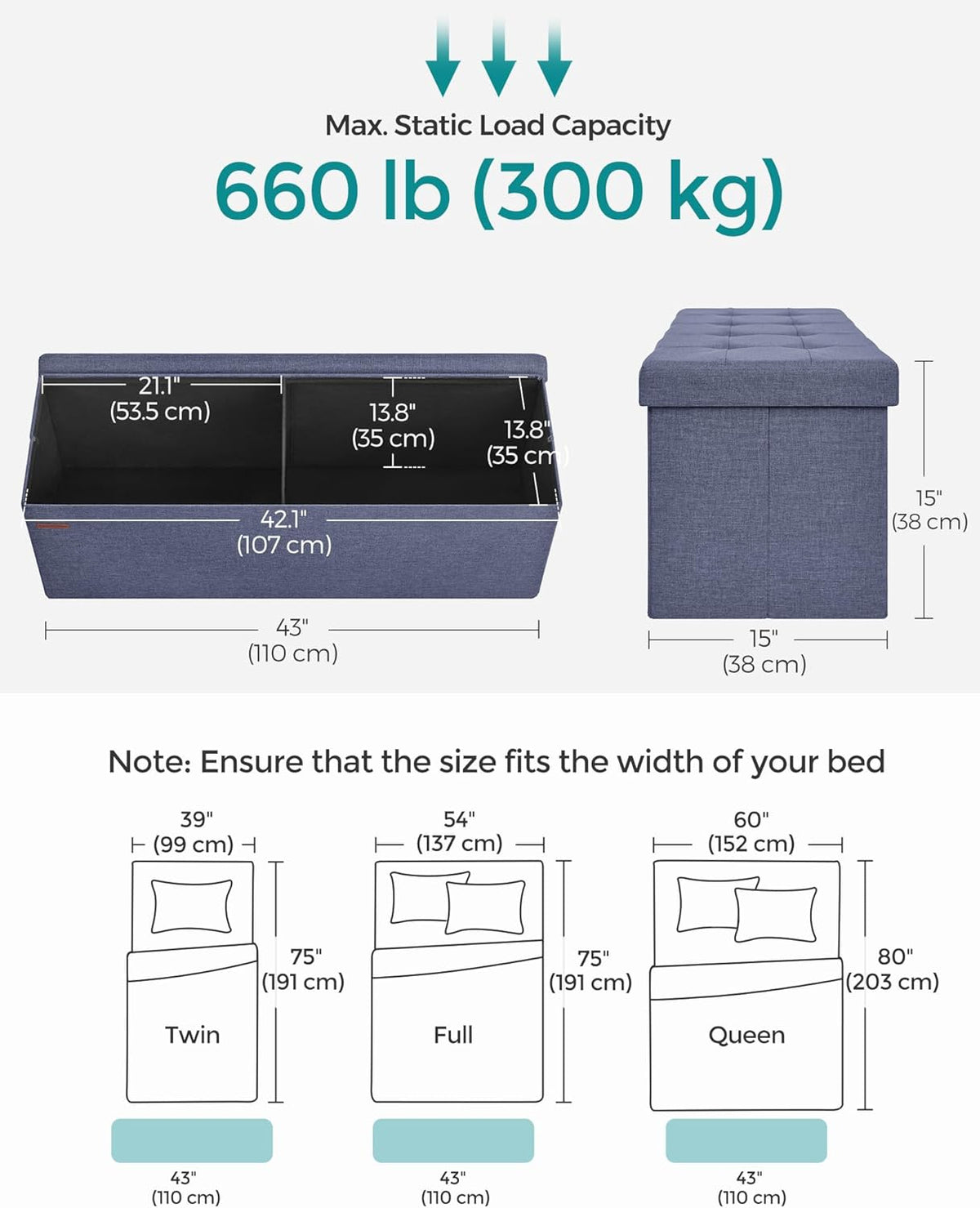 SONGMICS MAZIE Collection - 43 Inches Folding Storage Ottoman Bench, Ottoman Foot Rest, End of Bed