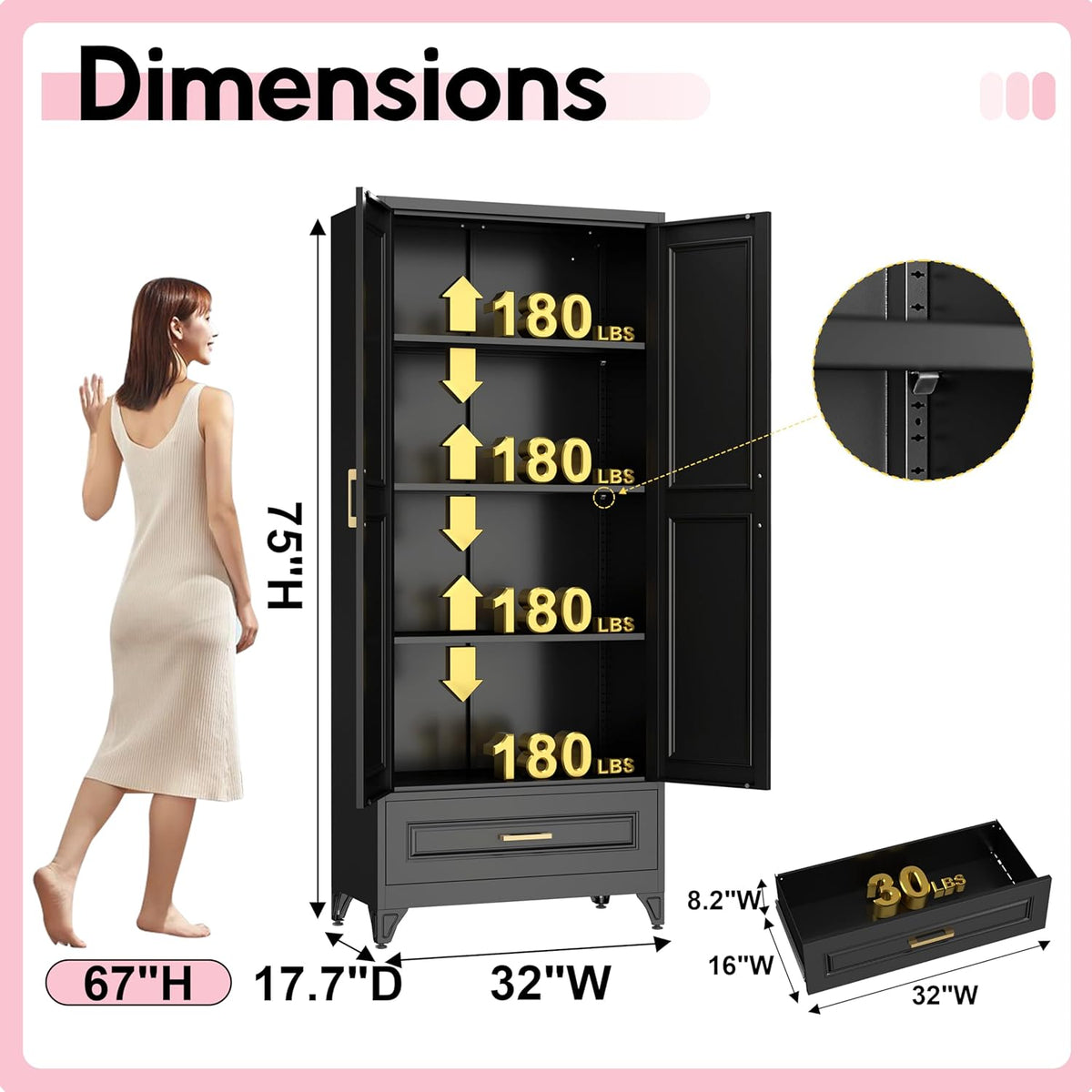 Pantry Kitchen Cabinet with Drawer, 75" Tall Pantry Storage Cabinet, Metal Storage Cabinets with