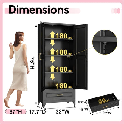 Pantry Kitchen Cabinet with Drawer, 75" Tall Pantry Storage Cabinet, Metal Storage Cabinets with