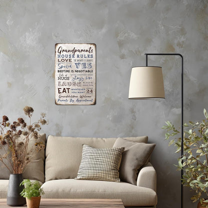 Heuhuww Grandparents Gifts-Vintage Grandparents House Rules Metal Sign for Grandma Grandpa from