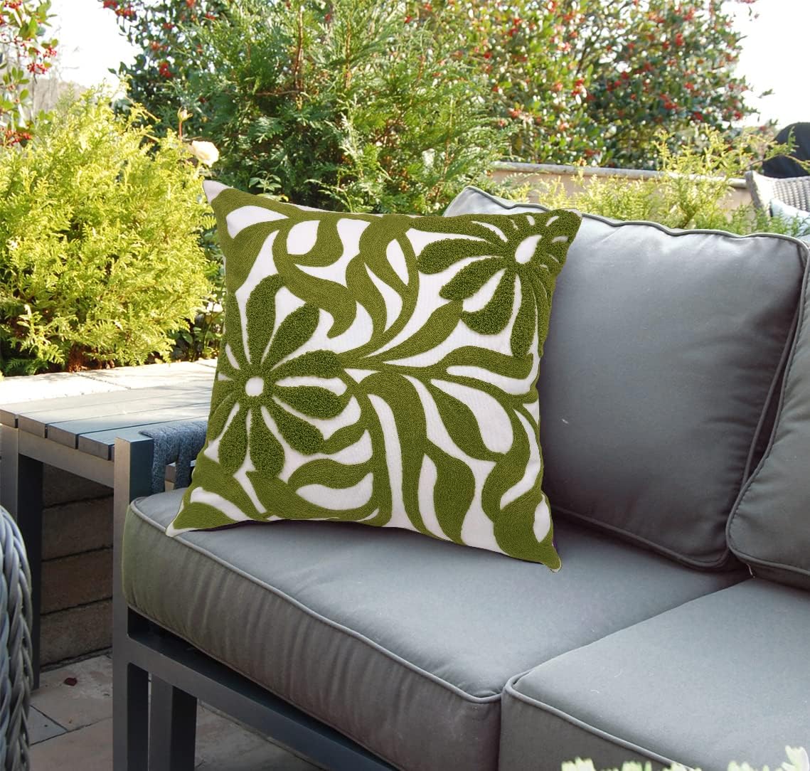 Alysheer Farmhouse Floral Leaves Embroidered Decorative Throw Pillow Cover 18x18 inches, Boho