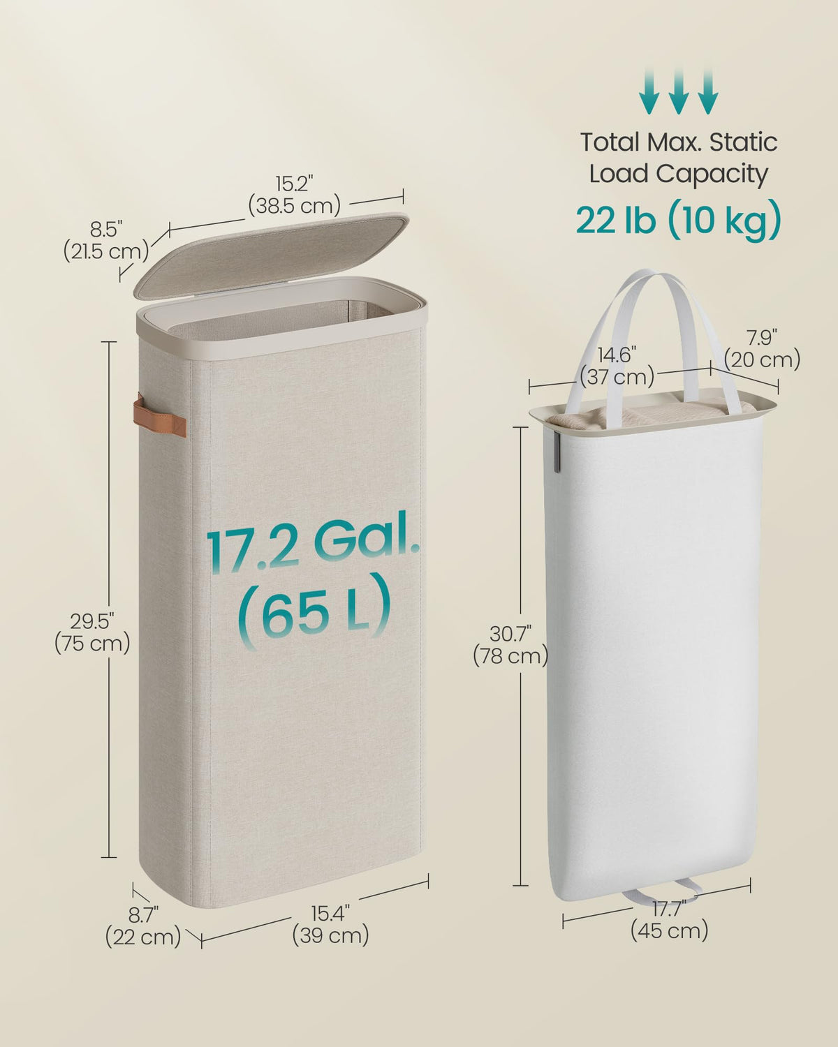 SONGMICS Laundry Basket, 17.2 Gal. Laundry Hamper, Easy Assembly, with Lid and Handles, Removable