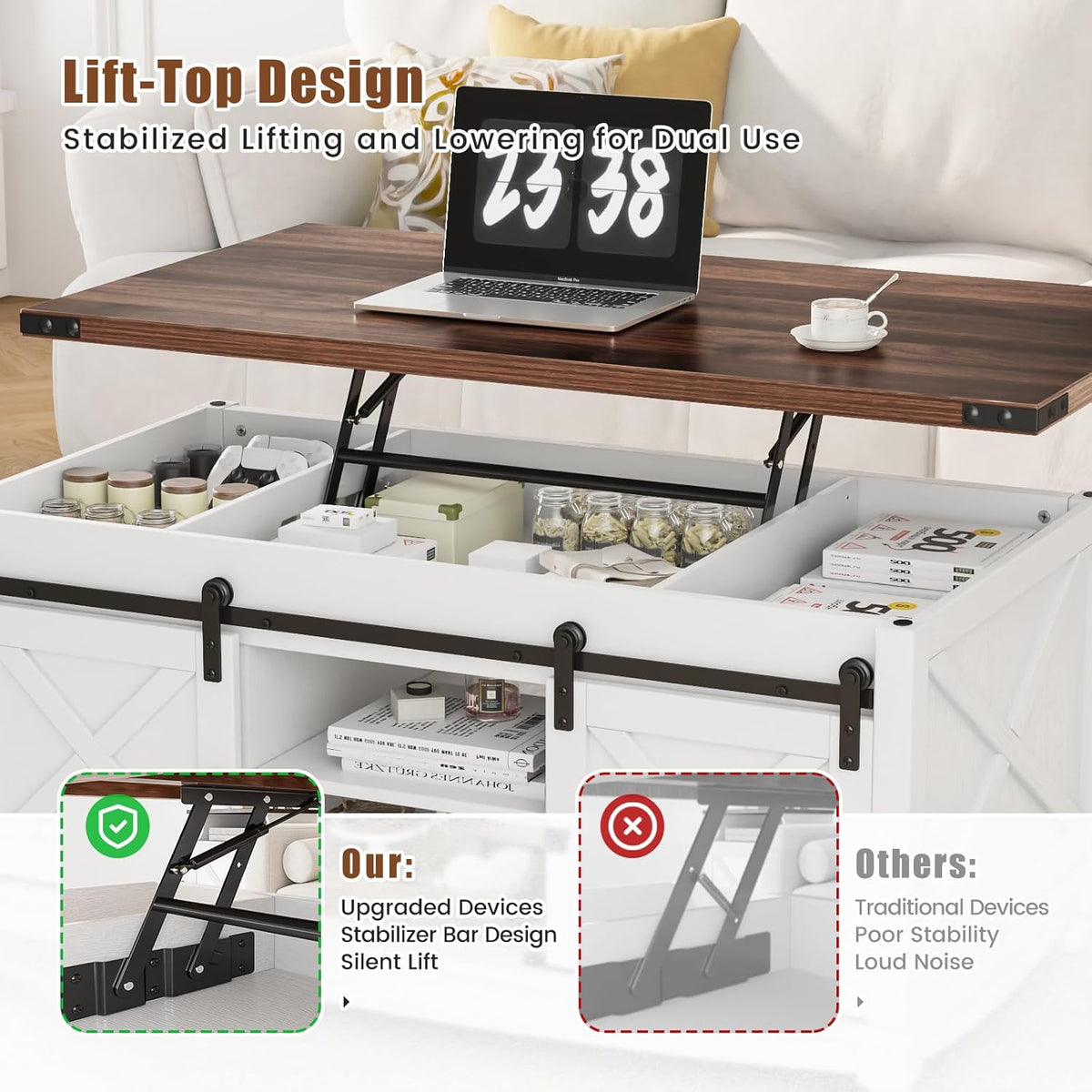 48" Farmhouse Lift Top Coffee Table with Storage Sliding Barn Door & Large Hidden Compartment
